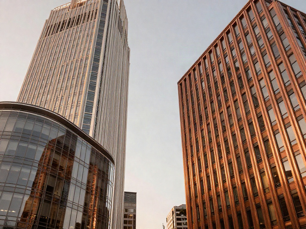 Sunlit contemporary office towers seen from below, opening toward a clear sky
